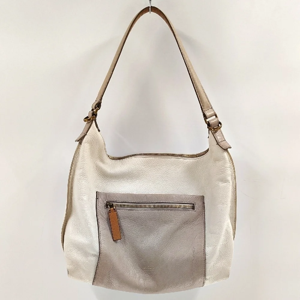Fossil White Ivory Leather Hobo Bag Zip Beige Pocket Front Zip Top Shoulder Bag